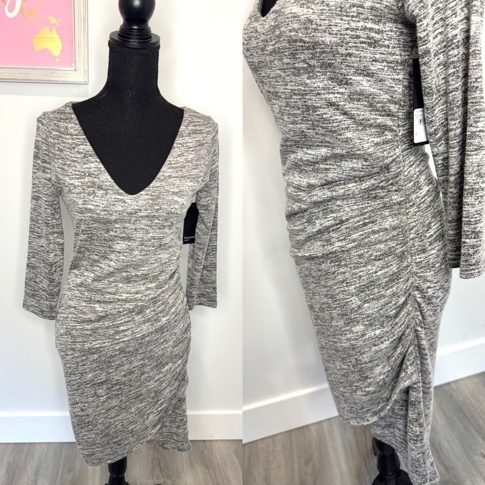 Free Press Heather Gray V-Neck 3/4 Sleeve Side Slit Ruched Side Dress (S)